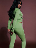 Women Hooded Zip Slim Pocket Top Bell Bottom Pants Two Piece Set