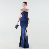 Women Strapless Ruched Mermaid High Slit Elegant Evening Gown Dress