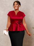 Plus Size Women Floral Ruffle Slim Waist Elegant Blouse