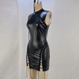 Women PU Leather Stand Collar Lace Up Sleeveless Slim Waist Bodycon Dress