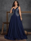 Plus Size Women Elegant Embroidered Beaded Formal Evening Gown Dress