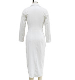 Autumn Winter Women Turndown Collar Long Sleeve Solid Slim Waist Irregular Dress