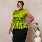 Plus Size Women Floral Ruffle Slim Waist Elegant Blouse