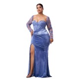 Plus Size Women Long Sleeve Split Formal Evening Gown Dress