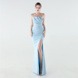 Women Strapless Ruched Mermaid High Slit Elegant Evening Gown Dress