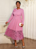 Plus Size Women Light Purple V Neck Pleated Lace Patchwork Elegant Dress