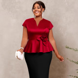 Plus Size Women Floral Ruffle Slim Waist Elegant Blouse