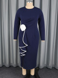 Plus Size Women Navy Long Sleeve Split Floral Trim Slim Career Dress
