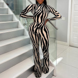 Women Sexy Low Back Zebra Print Slim Waist Jumpsuit