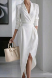 Autumn Winter Women Turndown Collar Long Sleeve Solid Slim Waist Irregular Dress
