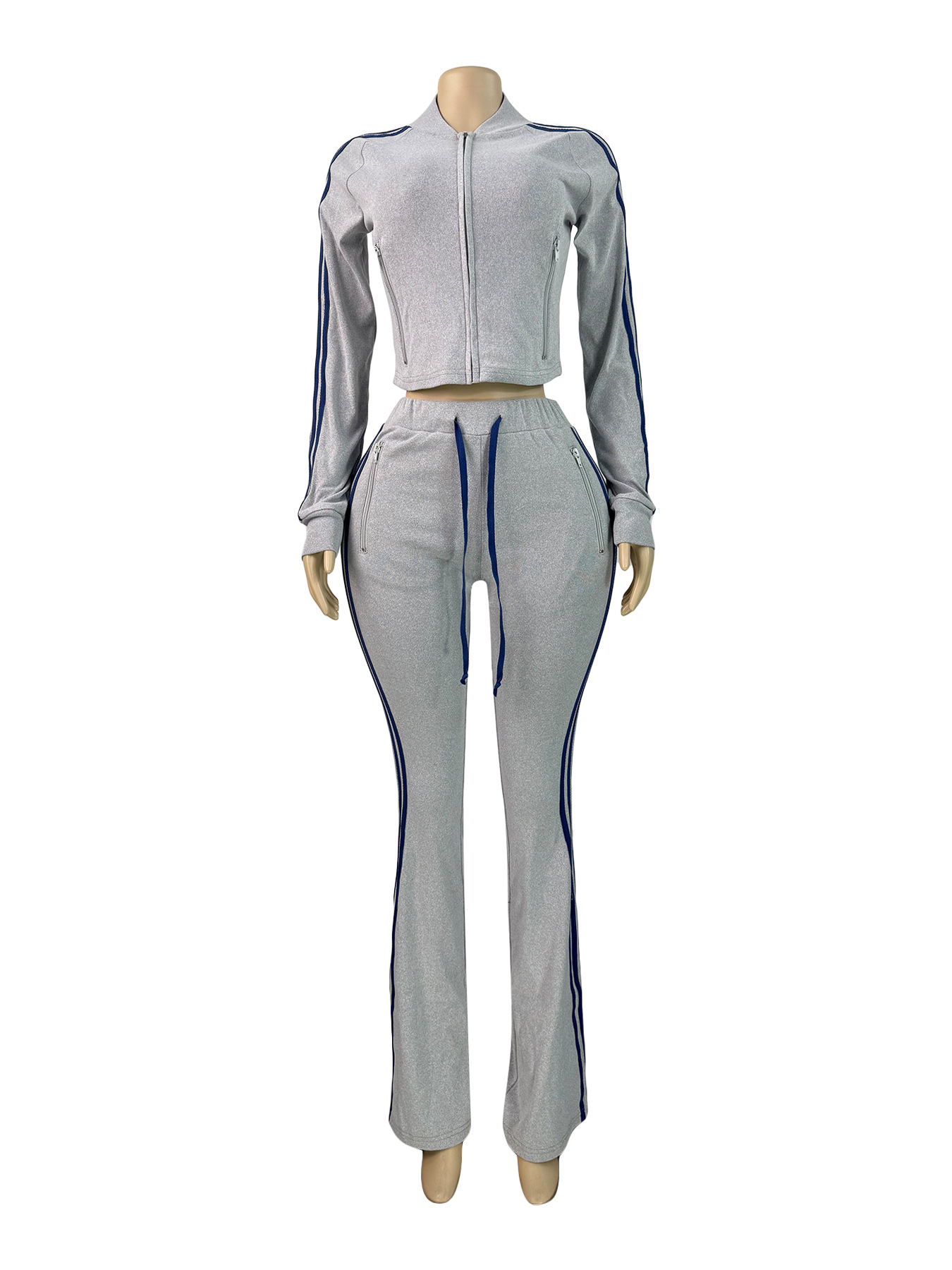 Women Zip Thermal Stripe Yop Drawstring Bell Bottom Pants Two Piece Set