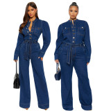 Women Slim Stretch Washed Denim Long Sleeve Bell Bottom Jumpsuit