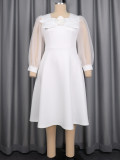 Plus Size Women Round Neck Mesh Lantern Sleeve Floral A Line White Party Dress