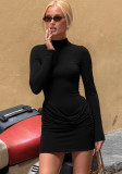 Autumn Women Stand Collar Long Sleeve Ruched Slim Sexy Short Dress