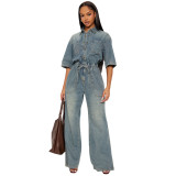 Women Elastic Waist Washed Denim Split Bell Bottom Jumpsuit