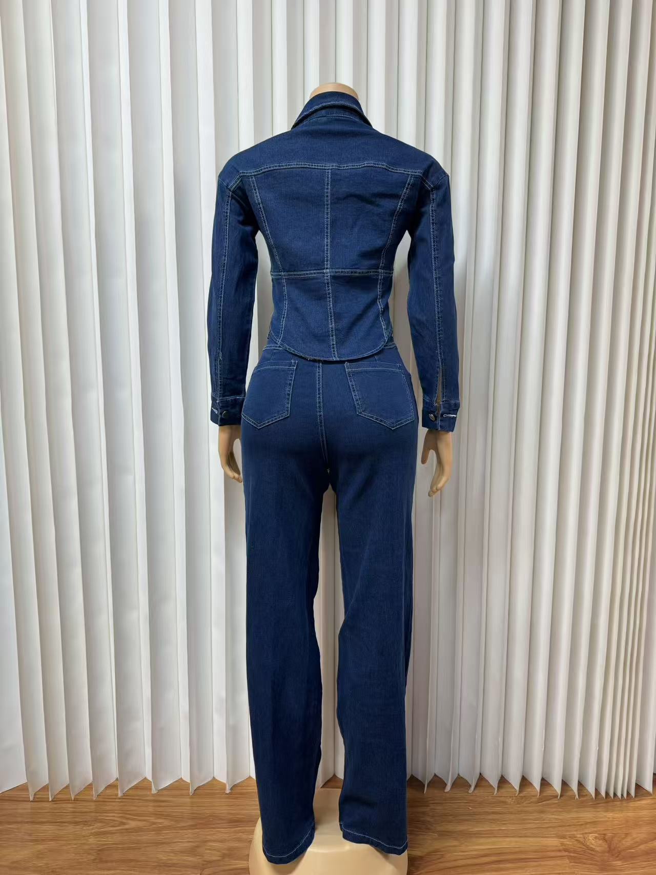 Women Denim Long Sleeve Jacket Wide Leg Pants Two Piece Set