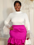 Plus Size Women Stand Collar See Through Ruffle Sleeve Fashion Career Blouse Top