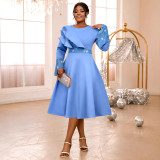 Plus Size Women Light Blue Diamond Bell Sleeve A-line Elegant Gown Dress