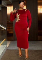 Plus Size Women Velvet Embroidered Cutout Long Sleeve Midi Formal Gown Dress