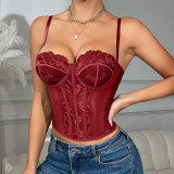 Women Black Lace Patchwork Corset, Sexy Basics Bra Top