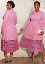 Plus Size Women Light Purple V Neck Pleated Lace Patchwork Elegant Dress