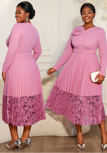 Plus Size Women Light Purple V Neck Pleated Lace Patchwork Elegant Dress