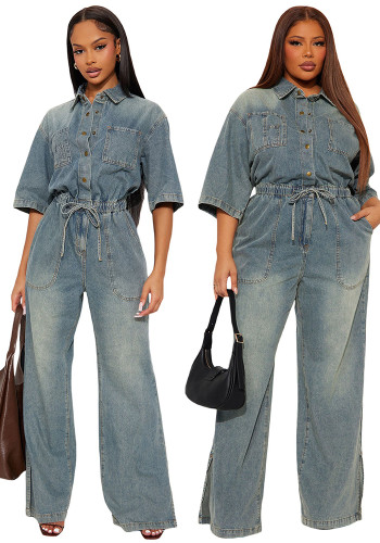 Women Elastic Waist Washed Denim Split Bell Bottom Jumpsuit