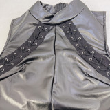 Women PU Leather Stand Collar Lace Up Sleeveless Slim Waist Bodycon Dress