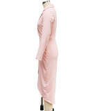 Autumn Winter Women Turndown Collar Long Sleeve Solid Slim Waist Irregular Dress