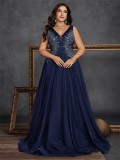 Plus Size Women Elegant Embroidered Beaded Formal Evening Gown Dress