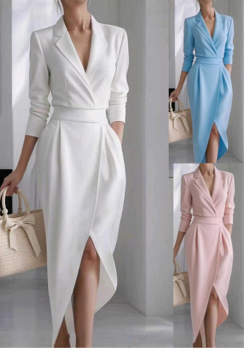 Autumn Winter Women Turndown Collar Long Sleeve Solid Slim Waist Irregular Dress