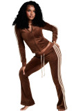 Women Zip Thermal Stripe Yop Drawstring Bell Bottom Pants Two Piece Set