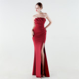 Women Strapless Ruched Mermaid High Slit Elegant Evening Gown Dress