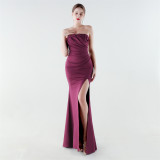 Women Strapless Ruched Mermaid High Slit Elegant Evening Gown Dress