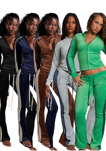 Women Zip Thermal Stripe Yop Drawstring Bell Bottom Pants Two Piece Set