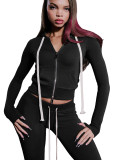 Women Hooded Zip Slim Pocket Top Bell Bottom Pants Two Piece Set