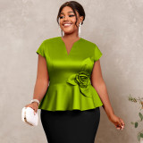 Plus Size Women Floral Ruffle Slim Waist Elegant Blouse