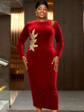 Plus Size Women Velvet Embroidered Cutout Long Sleeve Midi Formal Gown Dress