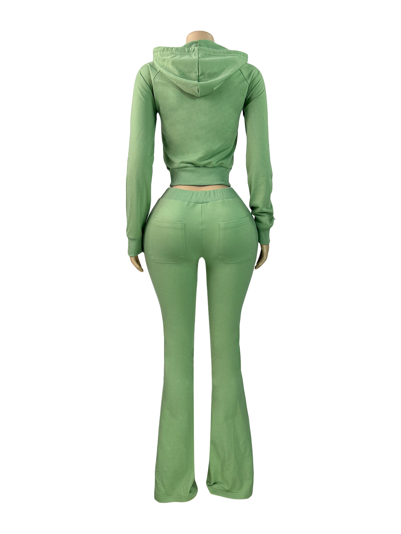 Women Hooded Zip Slim Pocket Top Bell Bottom Pants Two Piece Set