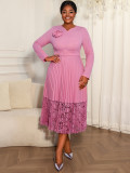 Plus Size Women Light Purple V Neck Pleated Lace Patchwork Elegant Dress