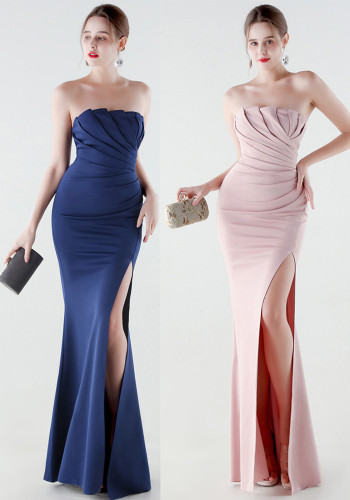 Women Strapless Ruched Mermaid High Slit Elegant Evening Gown Dress