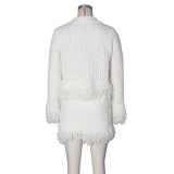 Spring Women Turndown Collar Fringe Knitted Cardigan Bodycon Skirt Two Piece Set