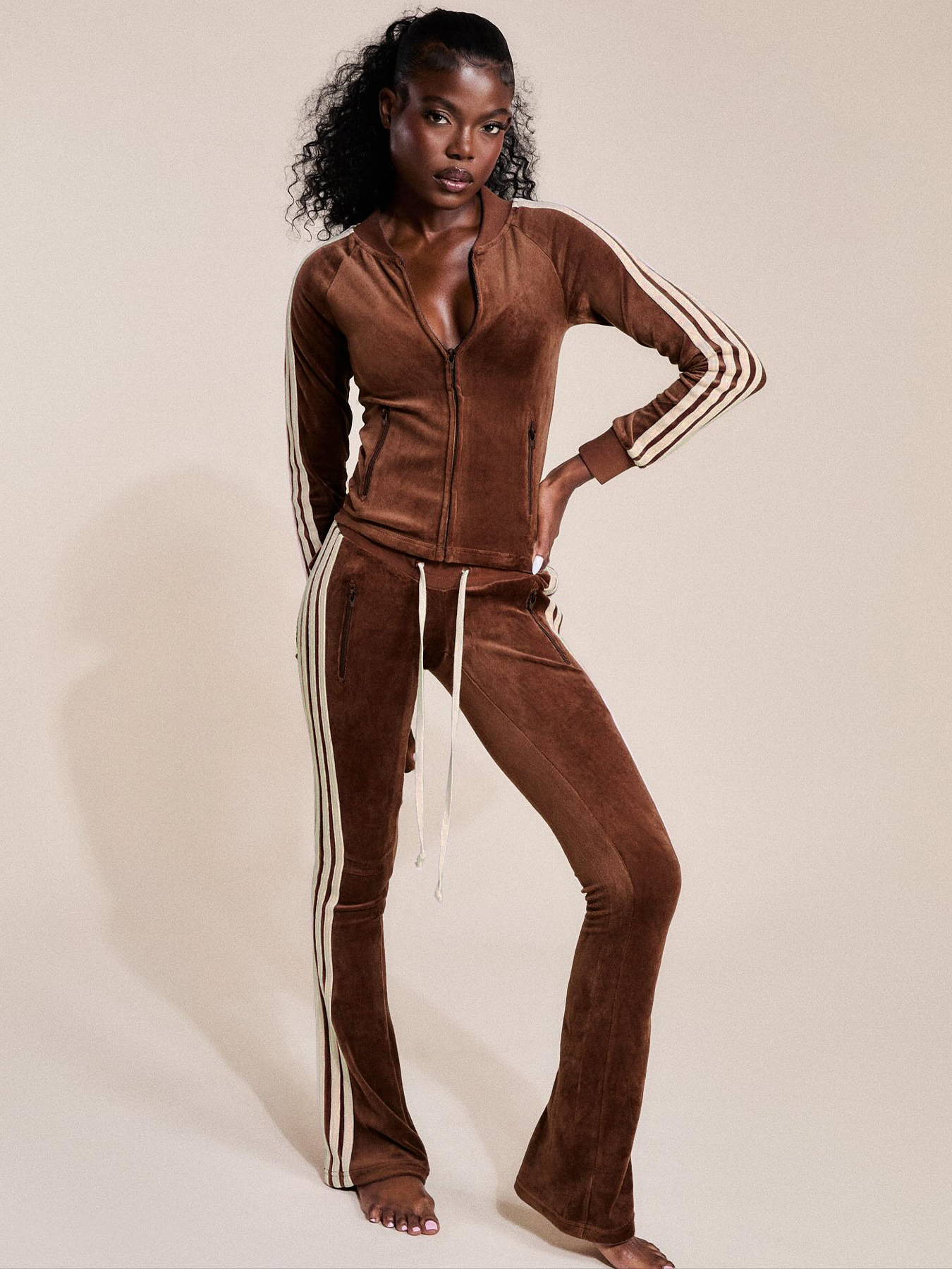 Women Zip Thermal Stripe Yop Drawstring Bell Bottom Pants Two Piece Set