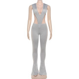 Women Sexy Summer V-Neck Lace-Up Bodysuit and Pants Two-Piece Set