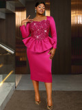 Plus Size Women Black Diamond Square Neck Peplum Ruffle Bodycon Dress
