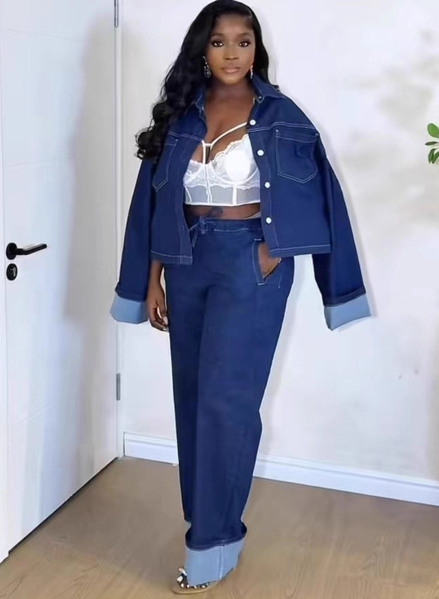 Women Turndown Collar Button Denim Shirt Pants Two Piece Set