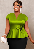 Plus Size Women Floral Ruffle Slim Waist Elegant Blouse