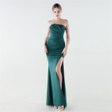 Women Strapless Ruched Mermaid High Slit Elegant Evening Gown Dress