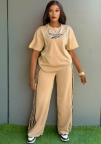 Women Embroidered Casual Short Sleeve Two Piece Pants Set