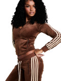 Women Zip Thermal Stripe Yop Drawstring Bell Bottom Pants Two Piece Set